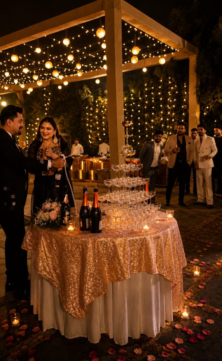 Champagne tower under fairy lights