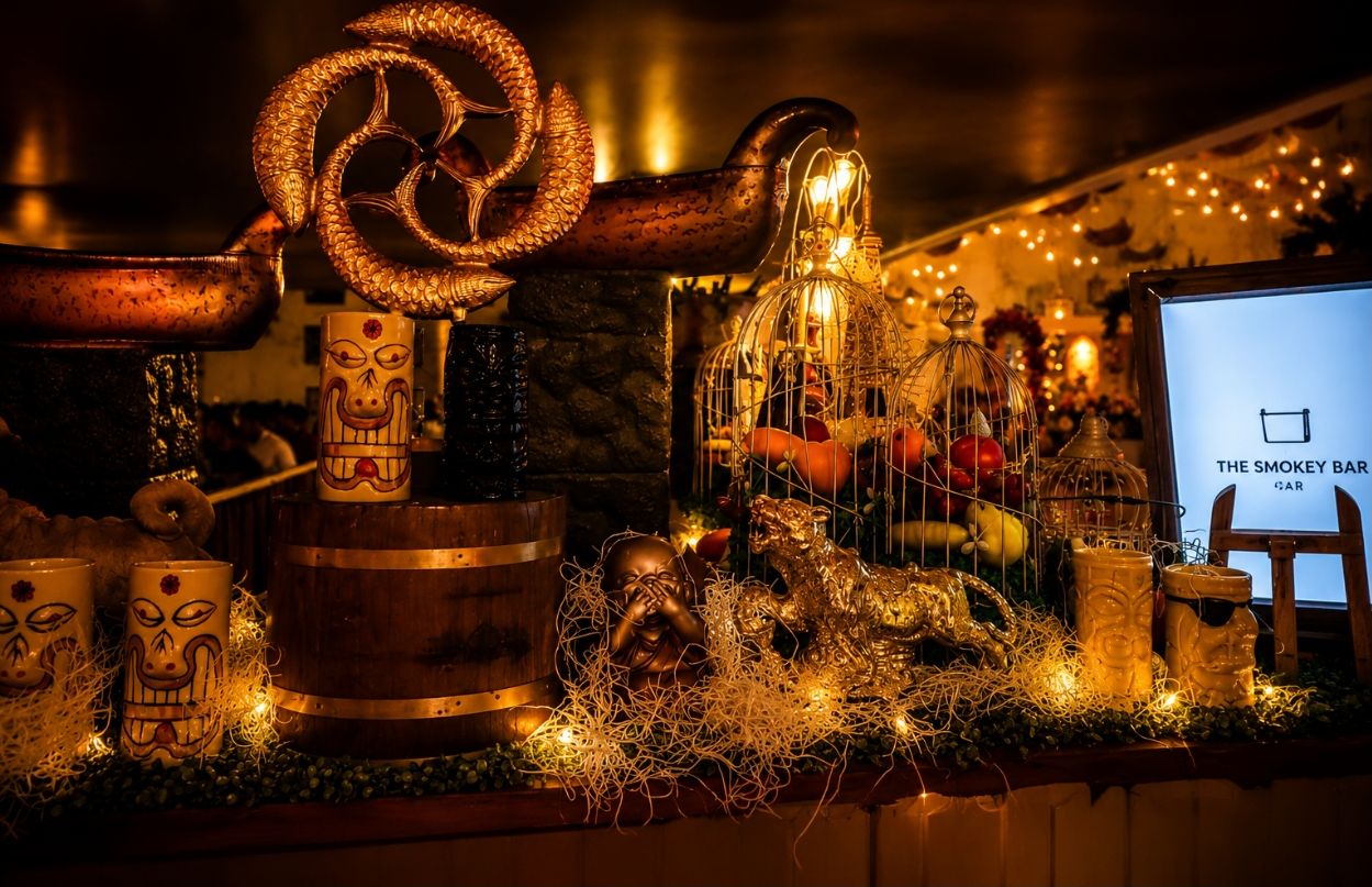 Tiki themed bar counter by The Smokey Bar