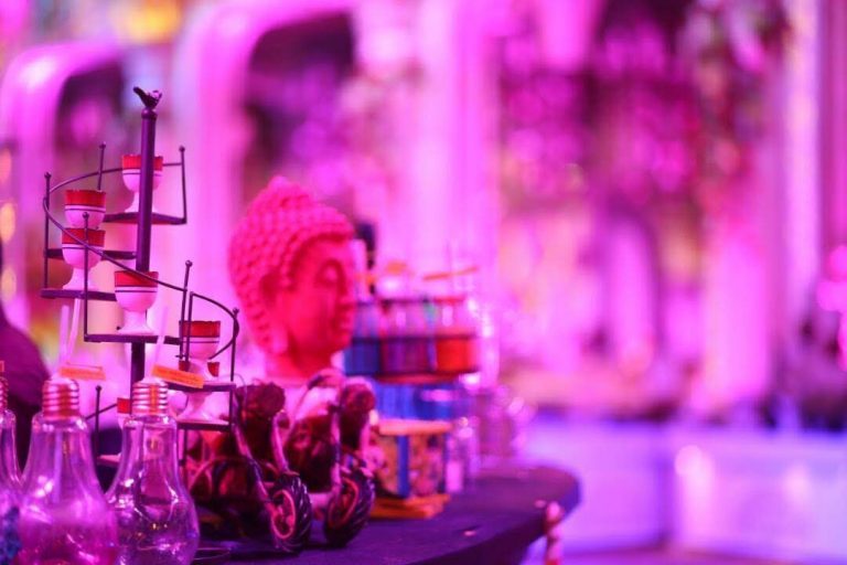 Neon-lit themed bar decor