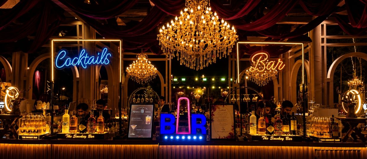 Grand molecular bar setup with chandeliers